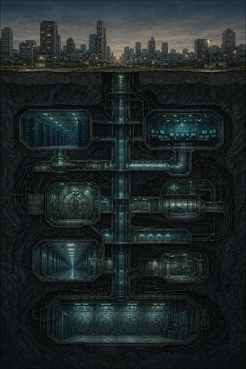 A cross-section cutaway of a modern city showing tunnels, operations rooms, and server racks arranged in layers beneath the street surface, lit only by cool blue indicator lights