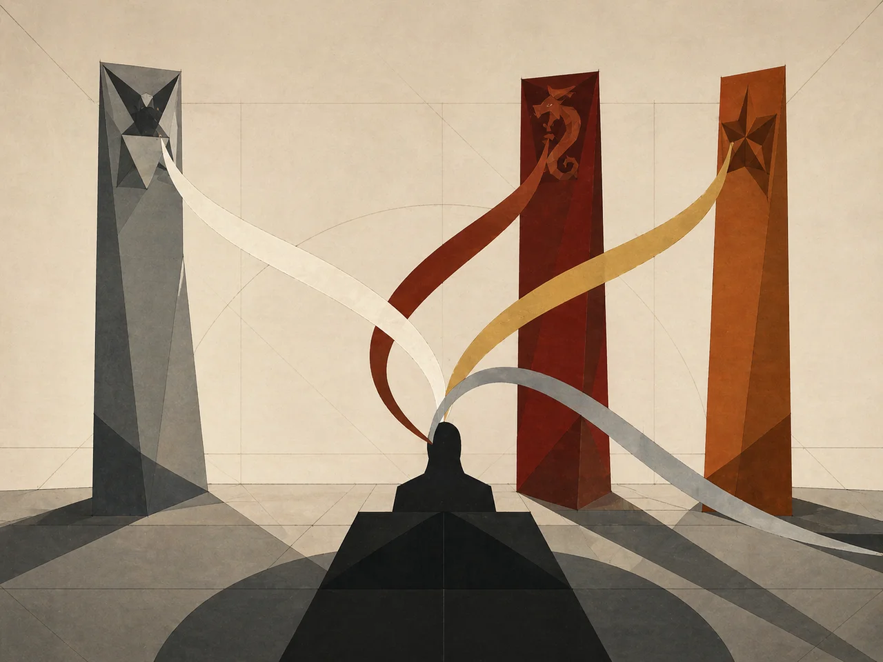 A stylized diagram of three colored pillars labelled US, China, and Russia, each receiving a different promise ribbon from a single central figure in shadow, the ribbons crossing over an empty center