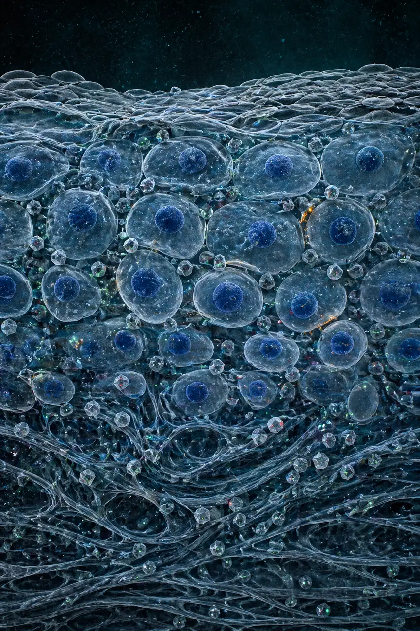 An extreme close-up rendering of skin tissue layers with faint angular particles drifting between cells, rendered in cool scientific blues and silvers