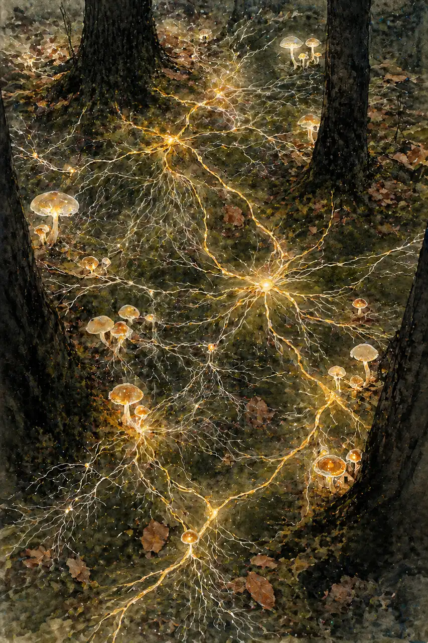 An old forest floor viewed from above, pale root and fungal filaments spreading outward in a delicate luminous web between trees, threads of golden light flowing through the network