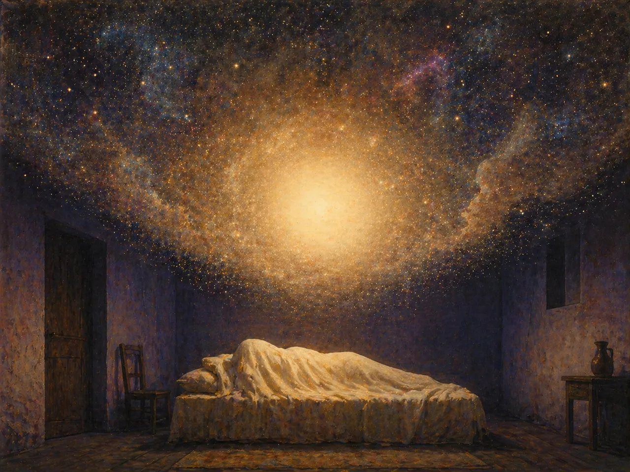 A person sleeping under a softly glowing sphere of warm light, the boundary of the light dissolving into a field of stars that extends outward across the ceiling above them