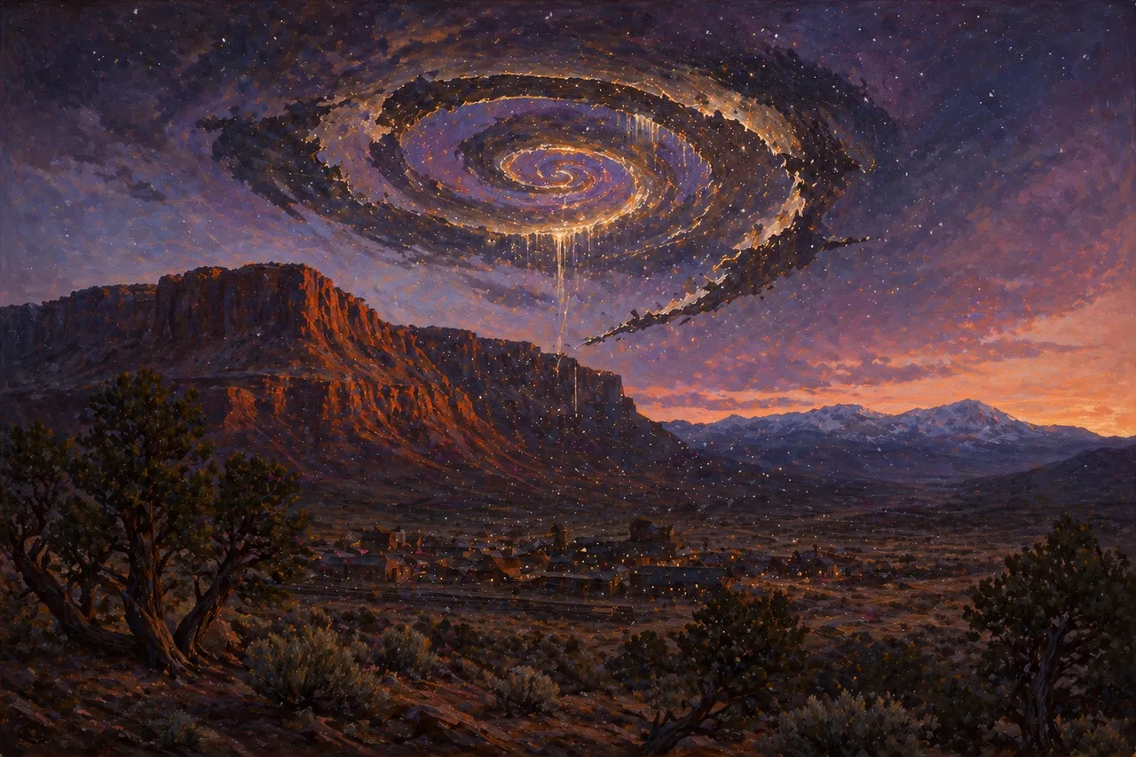 A weathered mountain town at dusk with a luminous spiral portal hovering above the Colorado mesa, suggesting a malfunctioning Omniverse gateway