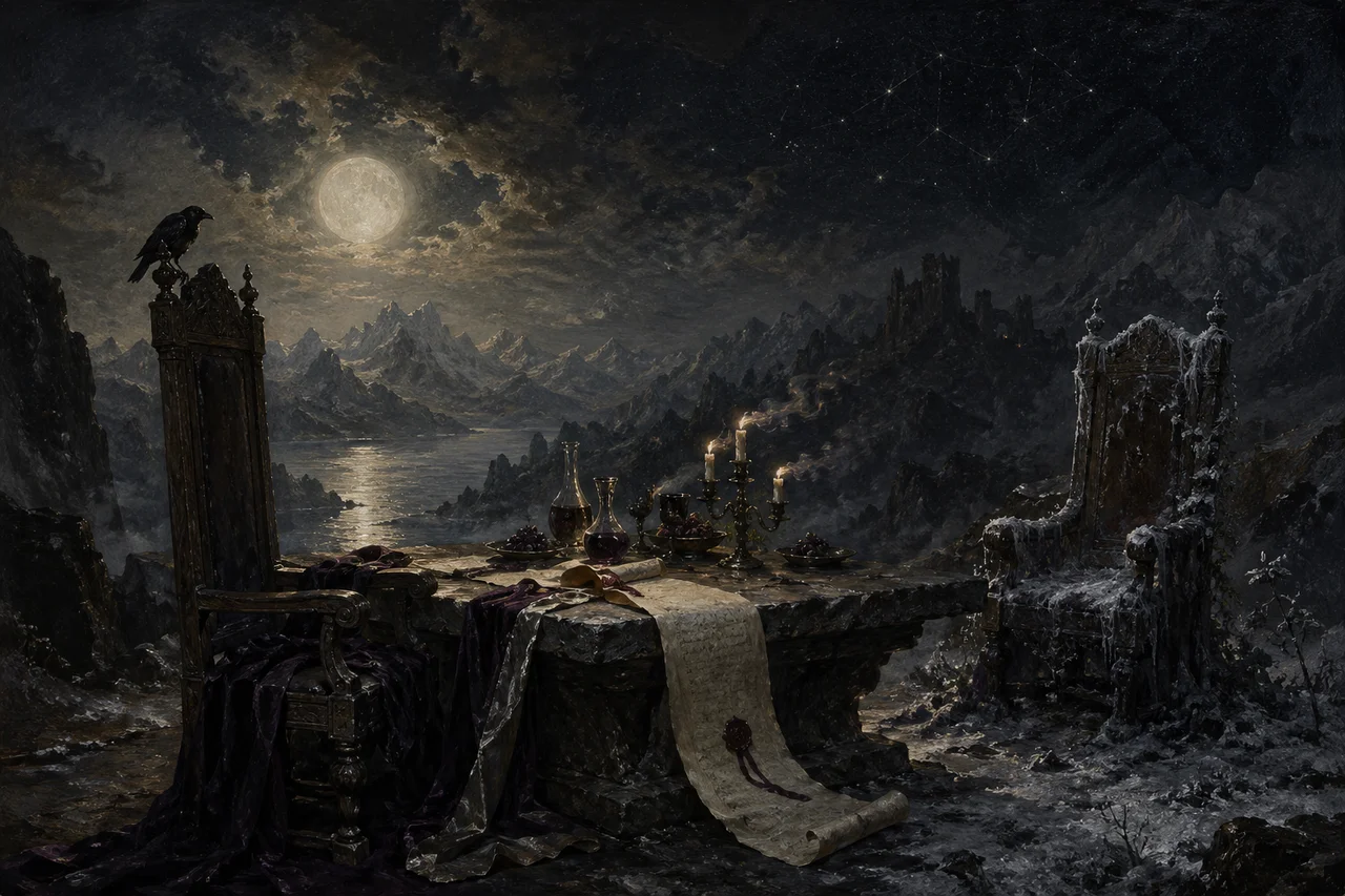 An empty contract table at night under a full moon, with two ornate chairs facing each other and one chair empty, representing the unrenewable Security Dominion covenant