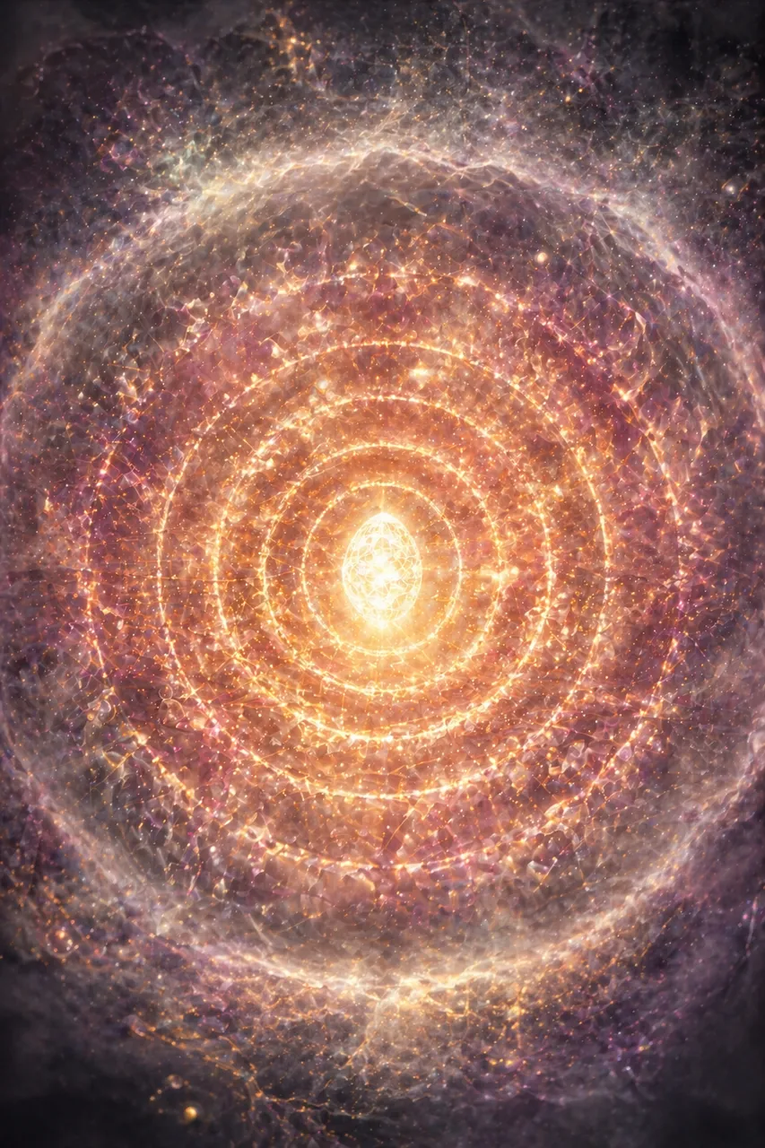 A figure standing barefoot on grass with golden light radiating outward from within their chest in concentric rings, illustrating Source energy projected from the point of creation