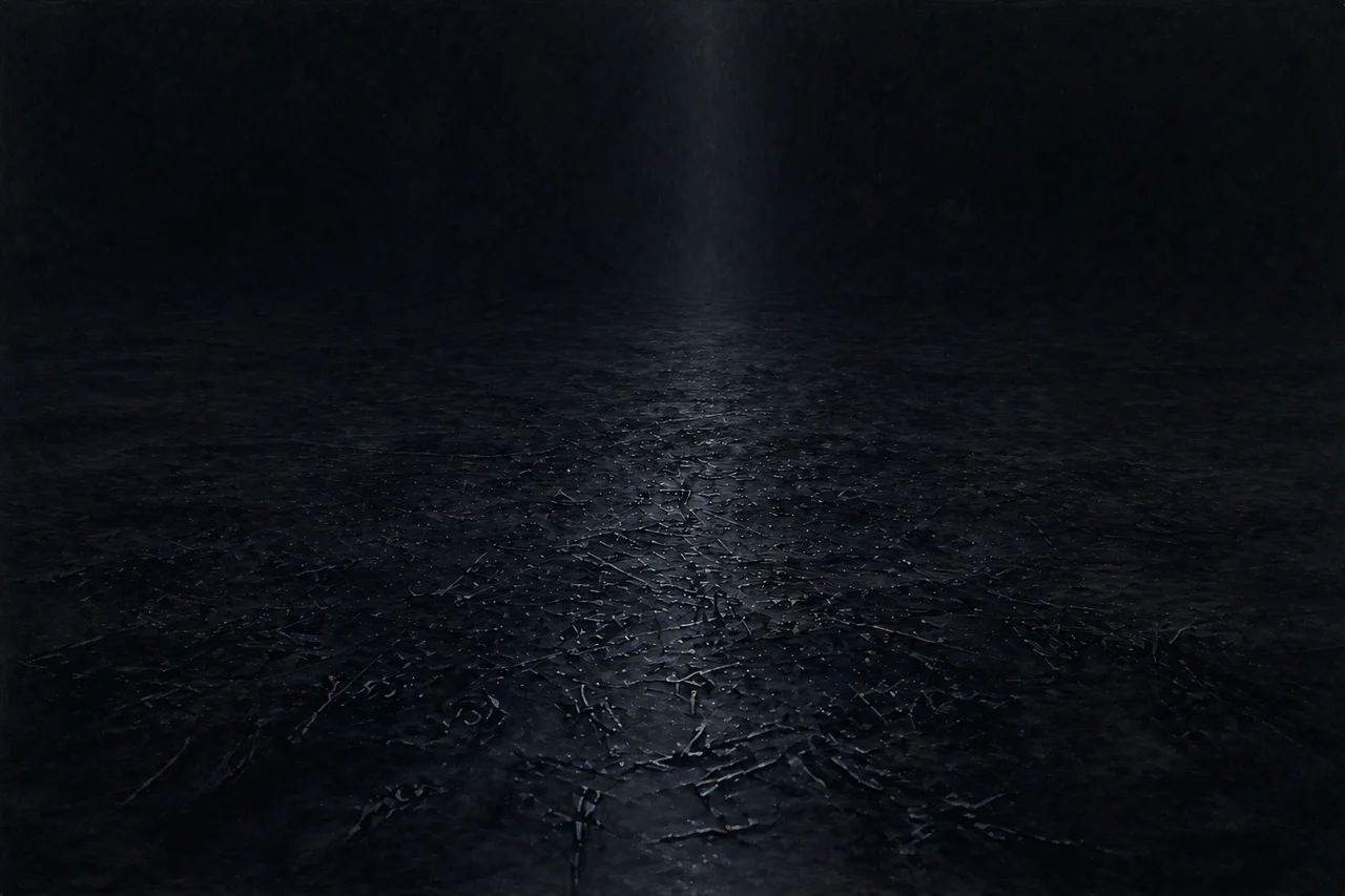 A vast empty dark plane stretching into infinity with no horizon and no light, suggesting the unparseable language of Level 9 absolute nothingness