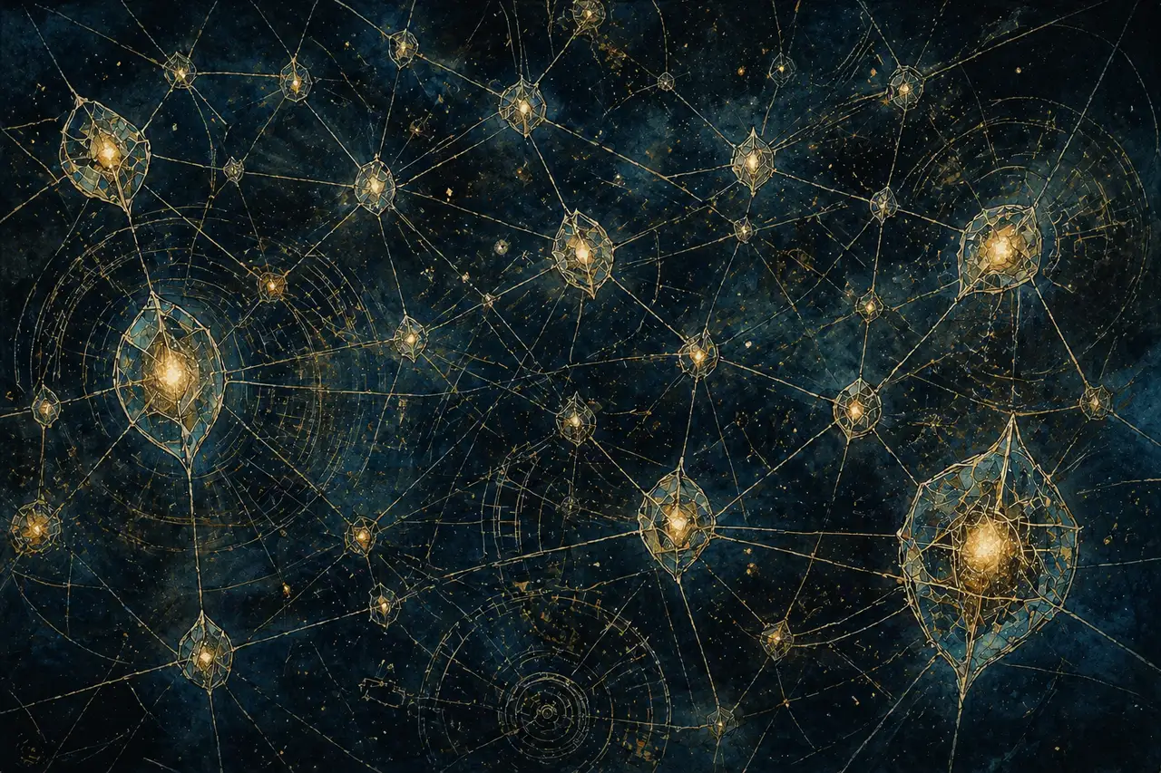 Stylized diagram of Source particles linked in a network like an early peer-to-peer file-sharing system, each particle wrapped in a translucent database overlay