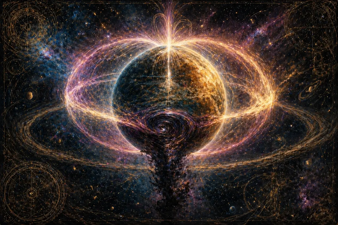 A glowing donut-shaped torus of creative current flowing around a planet, with a dark vortex in Buenos Aires attempting to siphon and invert the flow