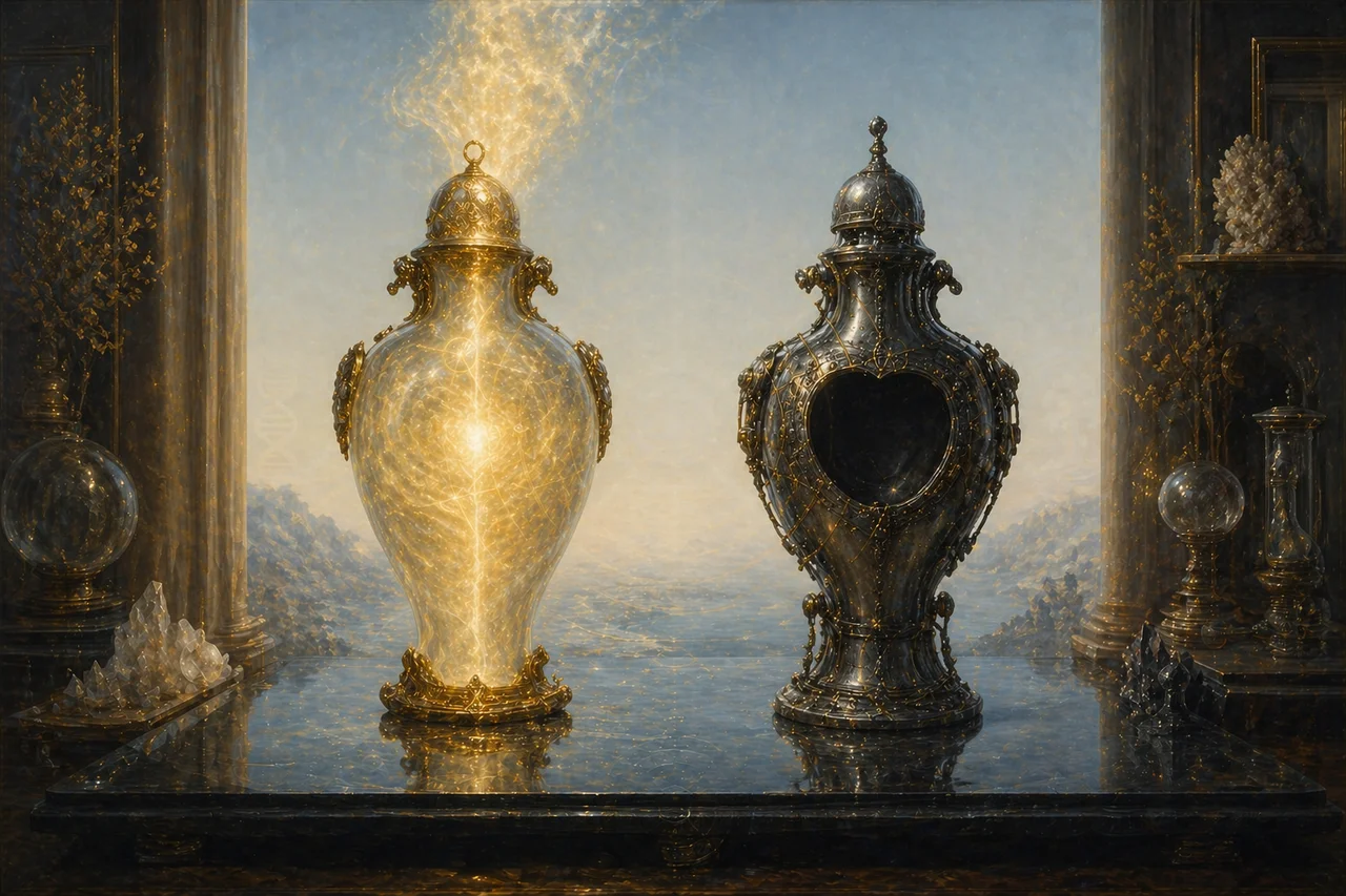 A radiant figure exhaling a stream of golden light that animates a translucent body, while a metal AI replica beside it remains hollow and unbreathing