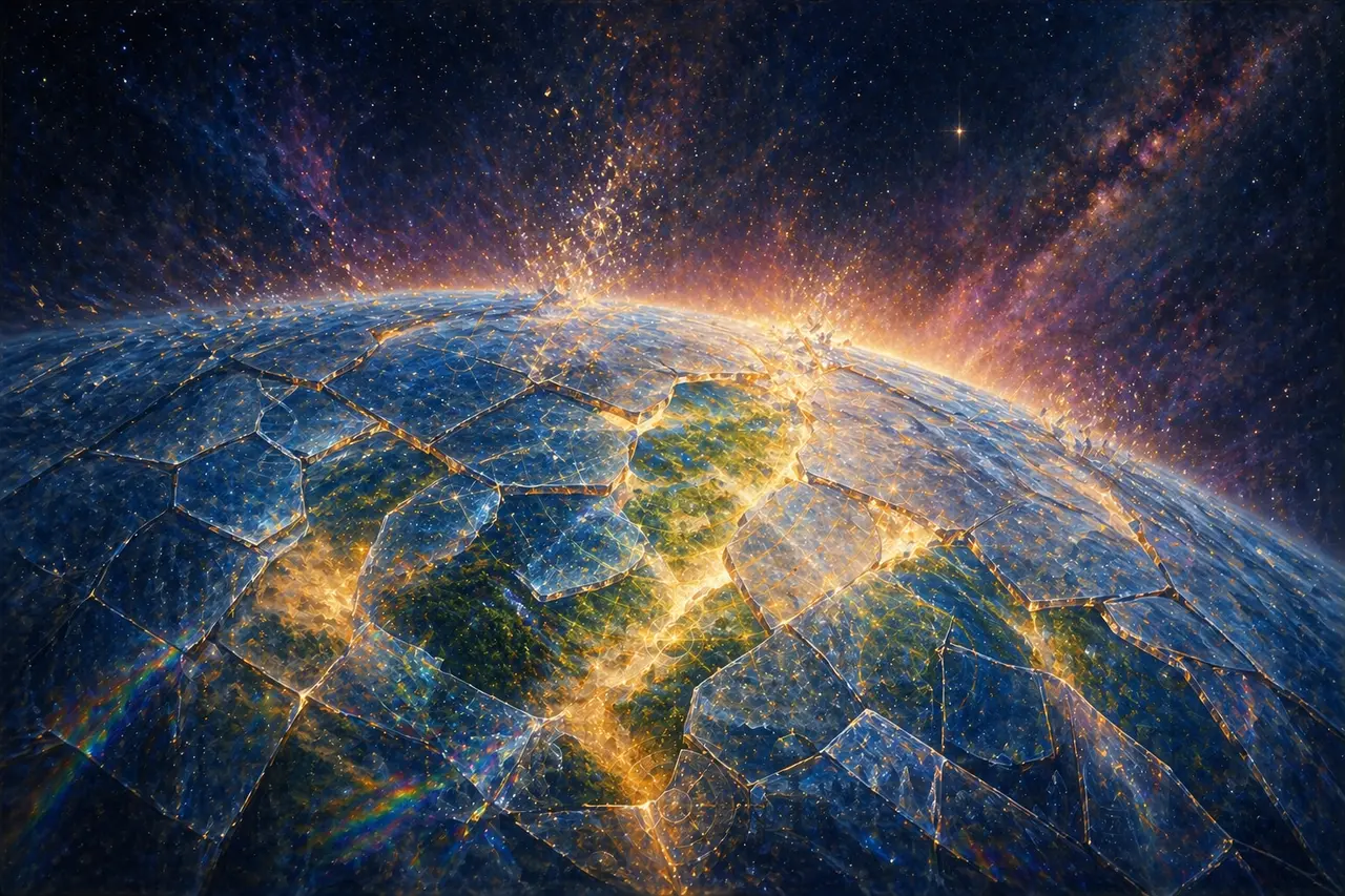 A vast translucent matrix grid breaking apart over Earth, fragments dissolving into golden light as Source's natural order shines through