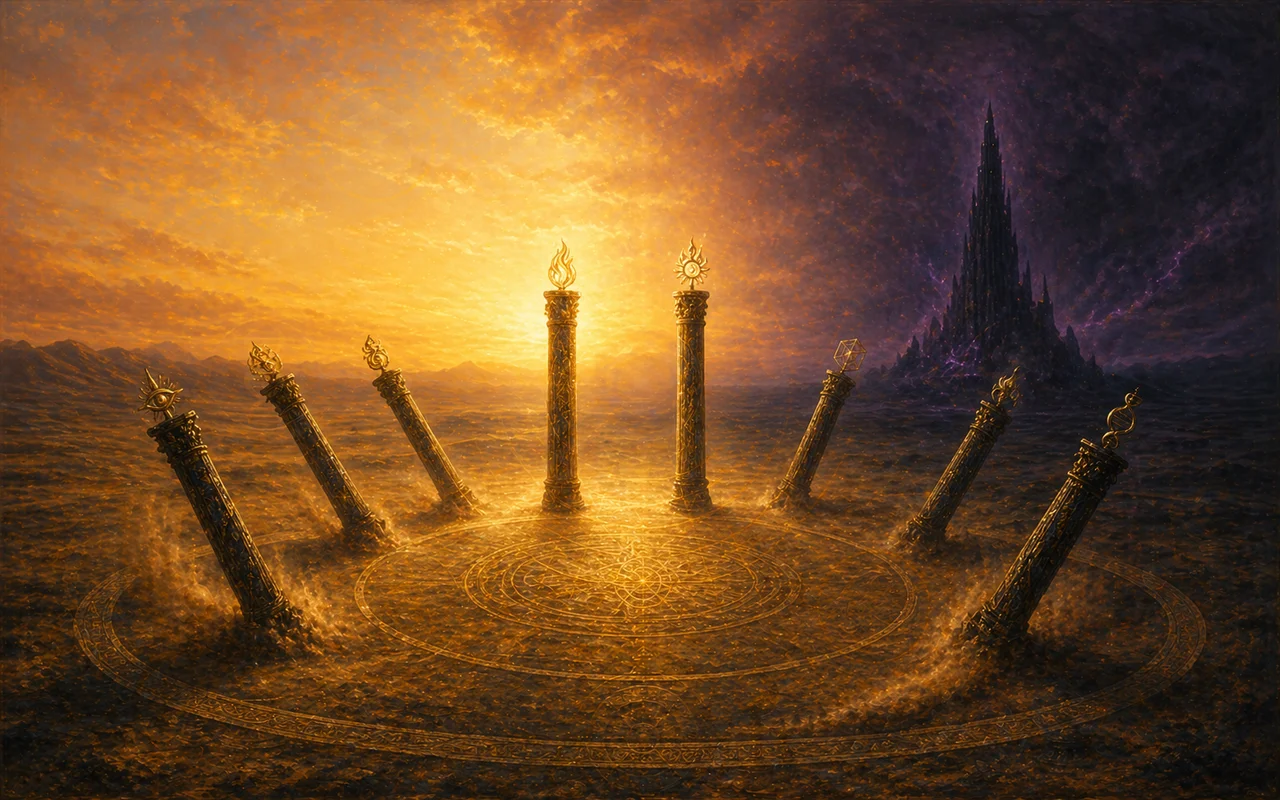 A circle of nine hierarchical figures with seven turning toward a dark spire and two remaining within Source's golden field