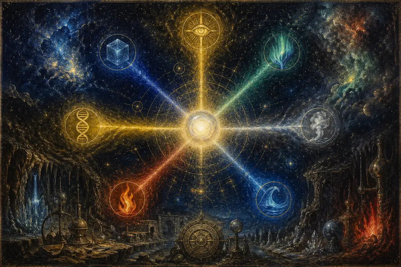 Diagram of Source as a luminous core radiating seven creative aspects: matter, consciousness, ethereum, breath, water, fire, and DNA blueprint