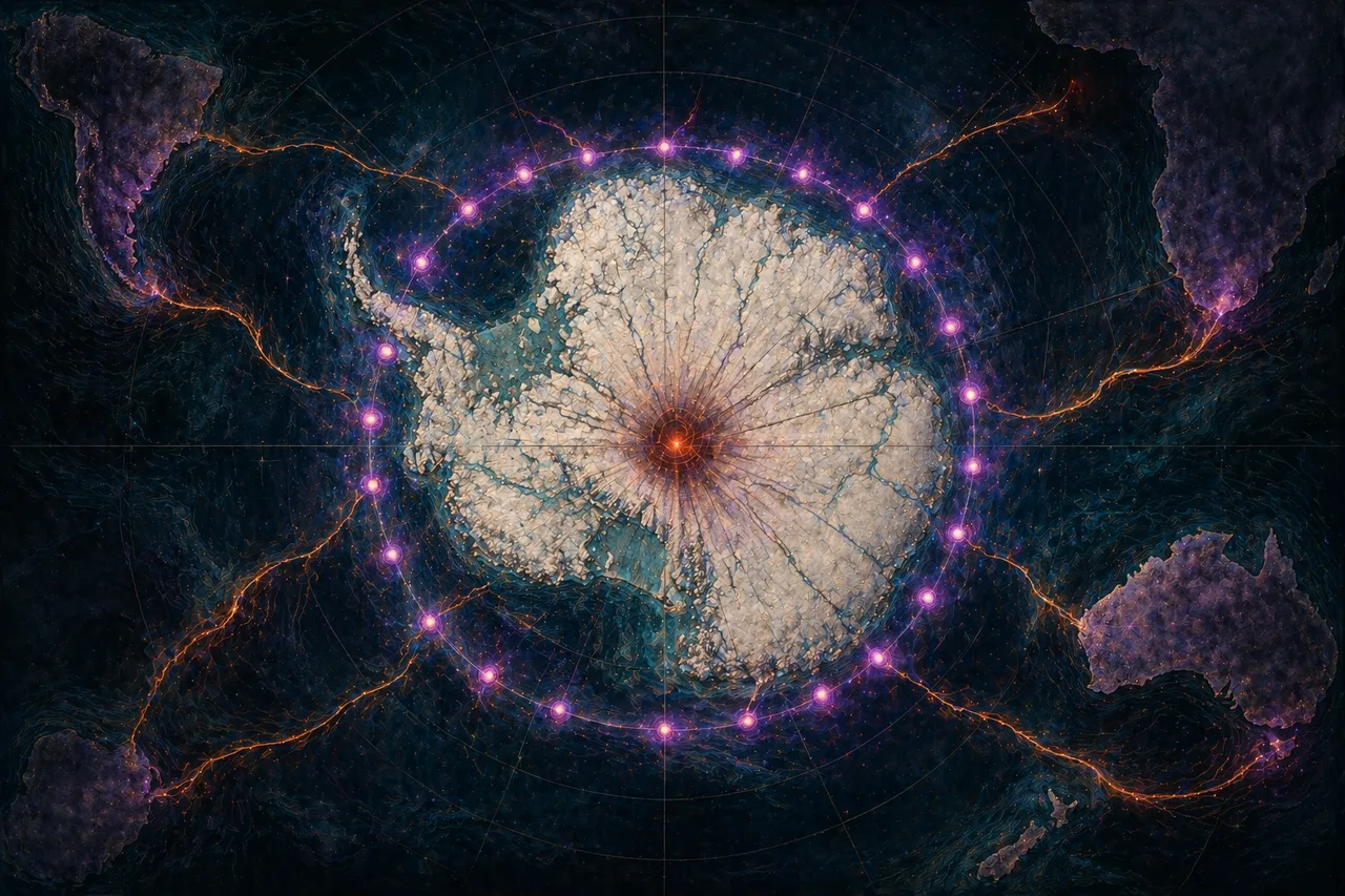 A satellite-style schematic of Antarctica with twenty-four glowing nodes around its perimeter, threads of corrupted light radiating outward to other continents