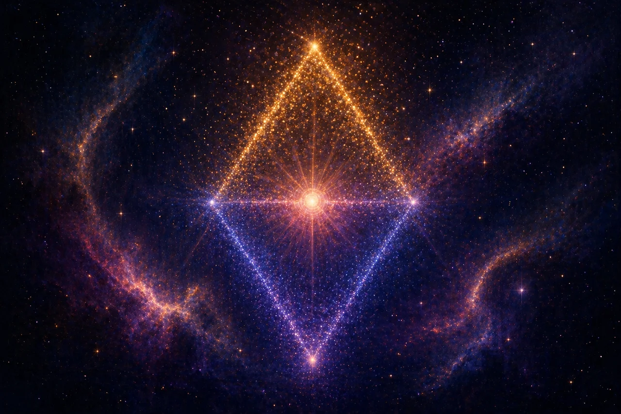 Two opposing triangles of luminous particles spinning around each other against a deep field, with a soft heart-glow at the center