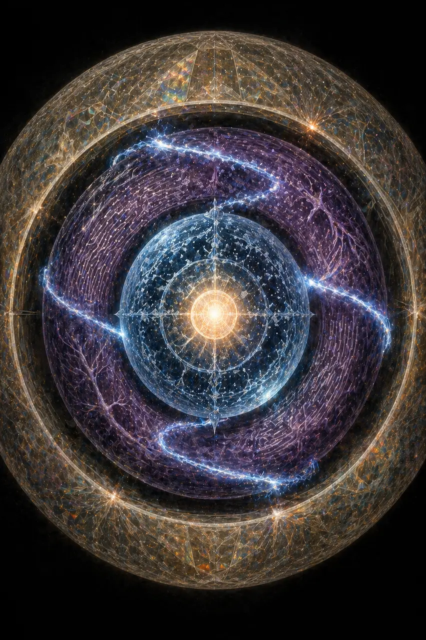 A cross-section of a single luminous particle wrapped in three concentric translucent shells, with a thin clockwise current weaving between them