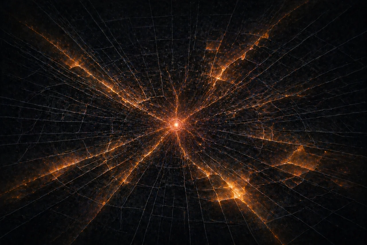 A close-up of a chest with a single warm light at the heart center, threads of golden light reaching outward through a dark grid