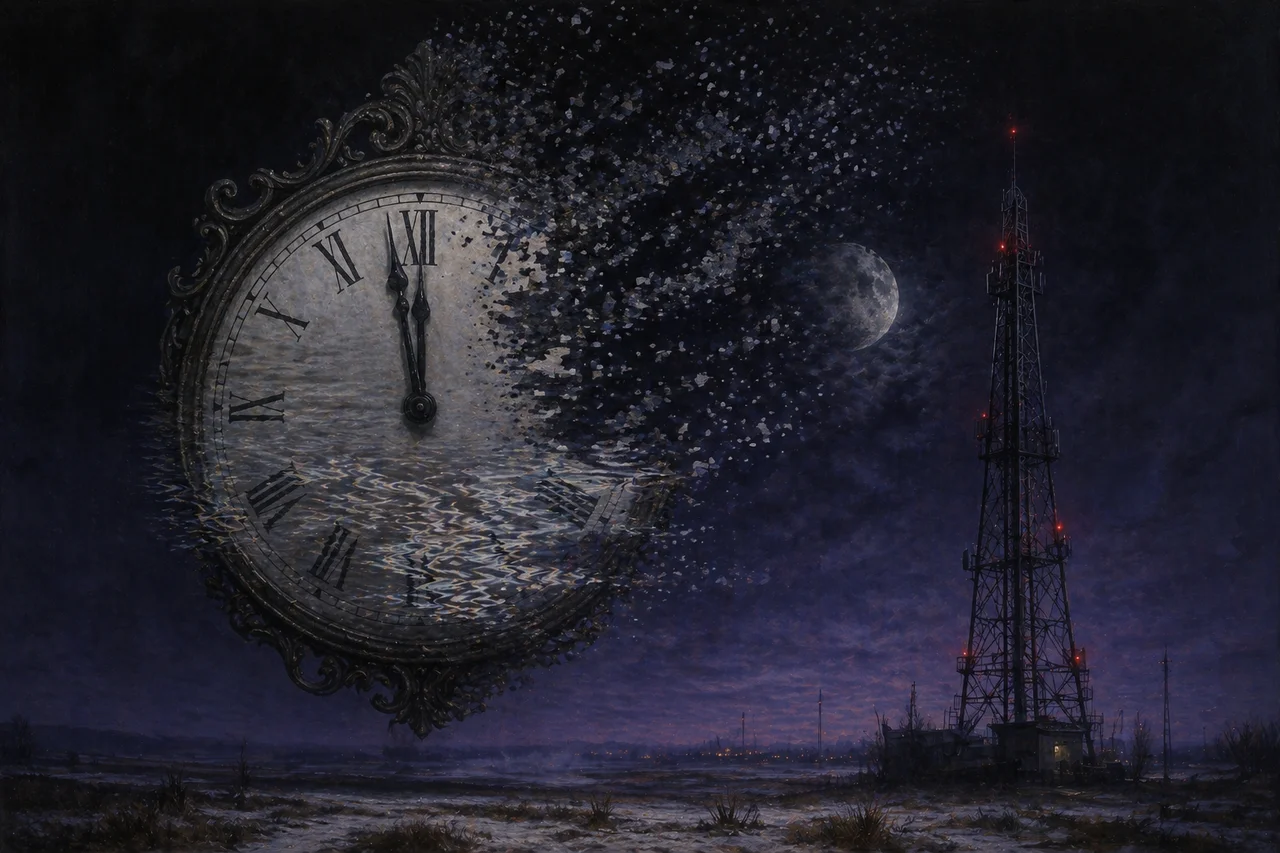 A clock face dissolving into static lines as midnight approaches, with a dark transmission tower in the background