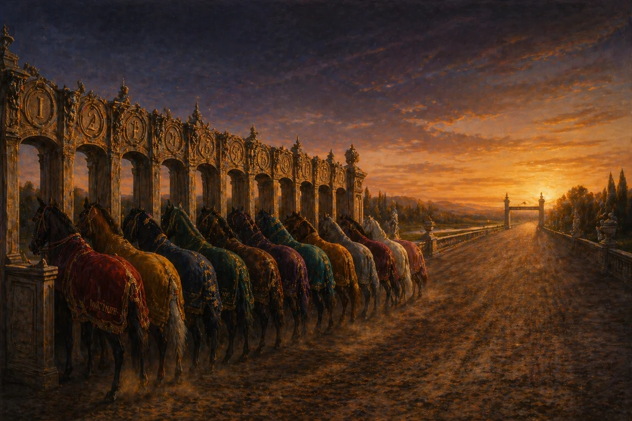 Twelve horses lined up at a starting gate, each with a different colored banner, all looking forward at an empty finish line