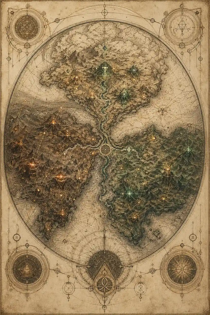Stylized world map with glowing markers along mountains, pyramids and rivers across three continents, connected by faint lines