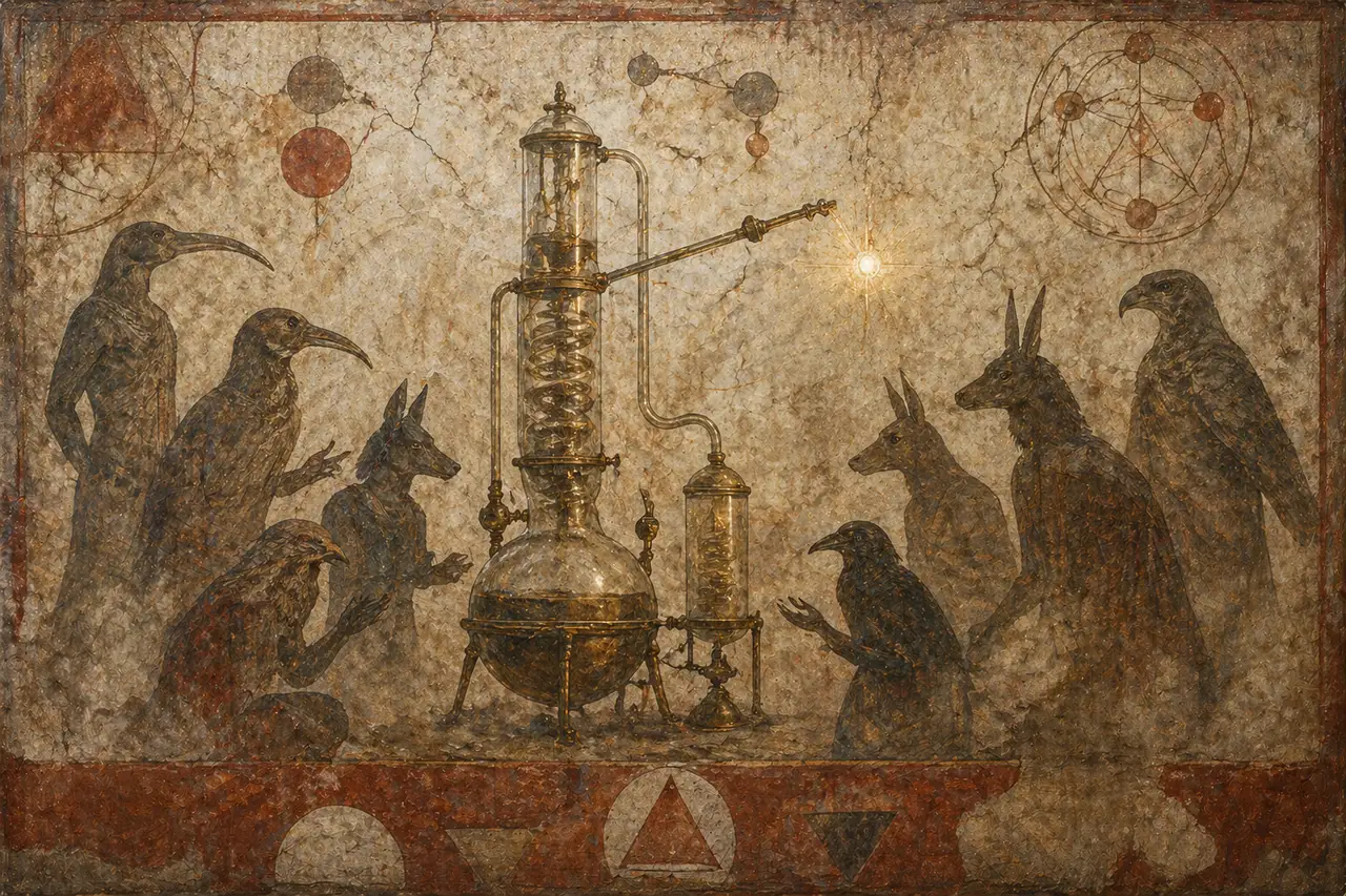 Symbolic image of a 1940s scientific apparatus reaching toward a luminous particle, with hieroglyphic shadows of bird-headed and animal-headed figures gathered around