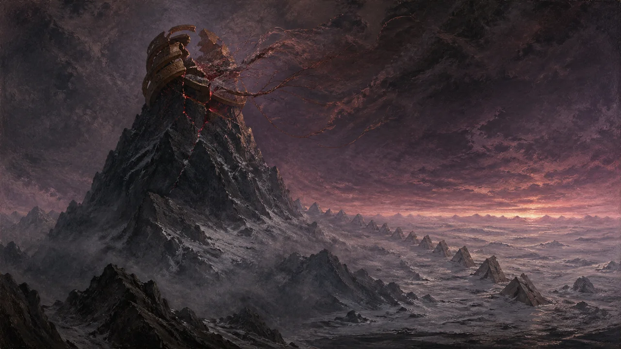 Conceptual image of a failed reset - cracked geometric structure on a mountain peak as the dawn breaks behind it, signaling collapse rather than rebirth