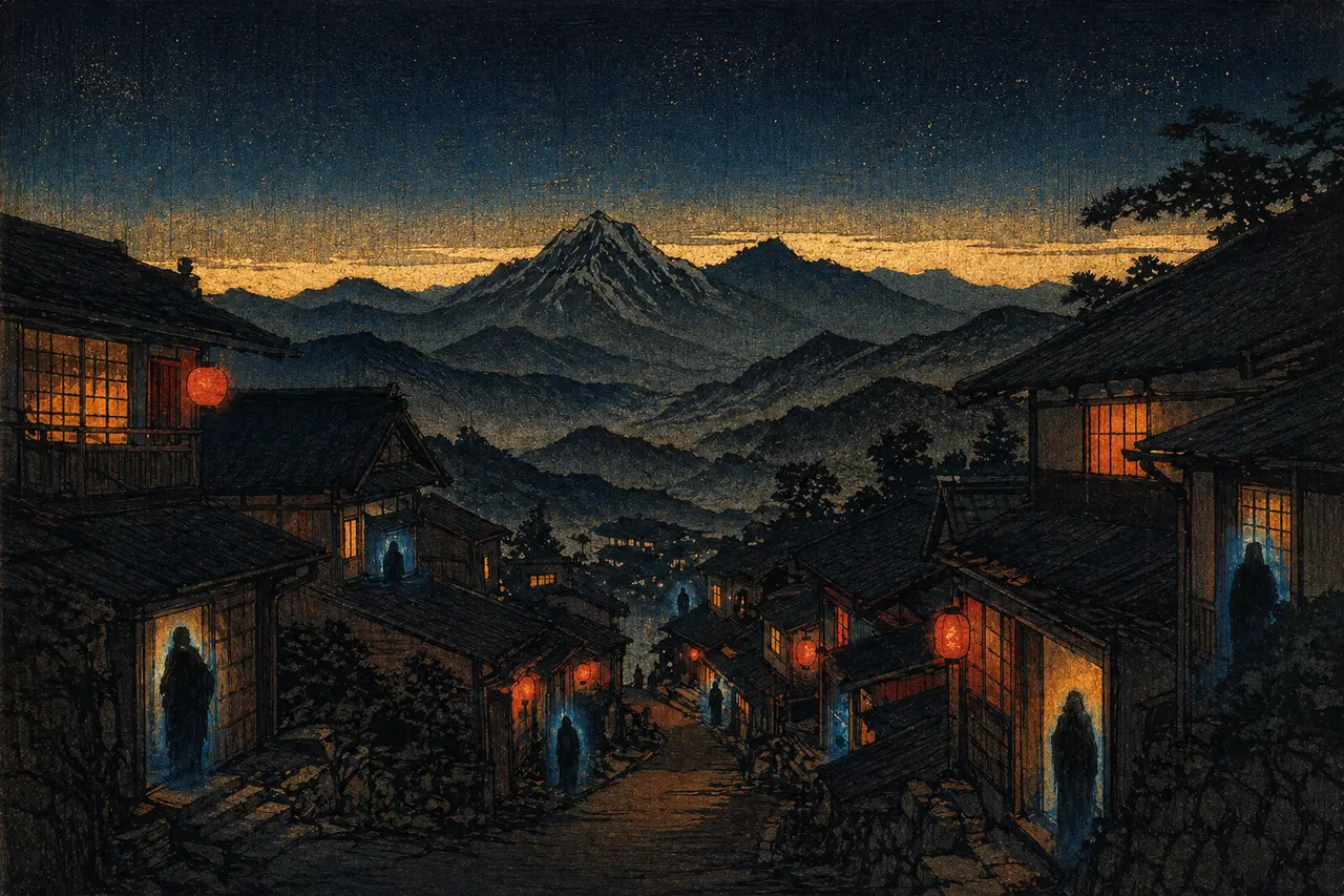 Stylized scene of a small mountain town at night with a few figures glowing faintly in dark silhouette, suggesting unseen recognition at a soul level