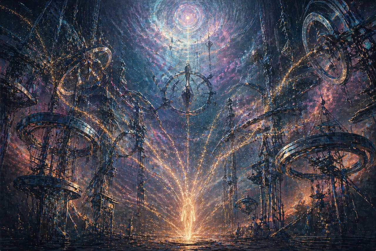 Conceptual image of golden particles flowing from a human silhouette outward into space, bypassing geometric mechanical structures that try to block them