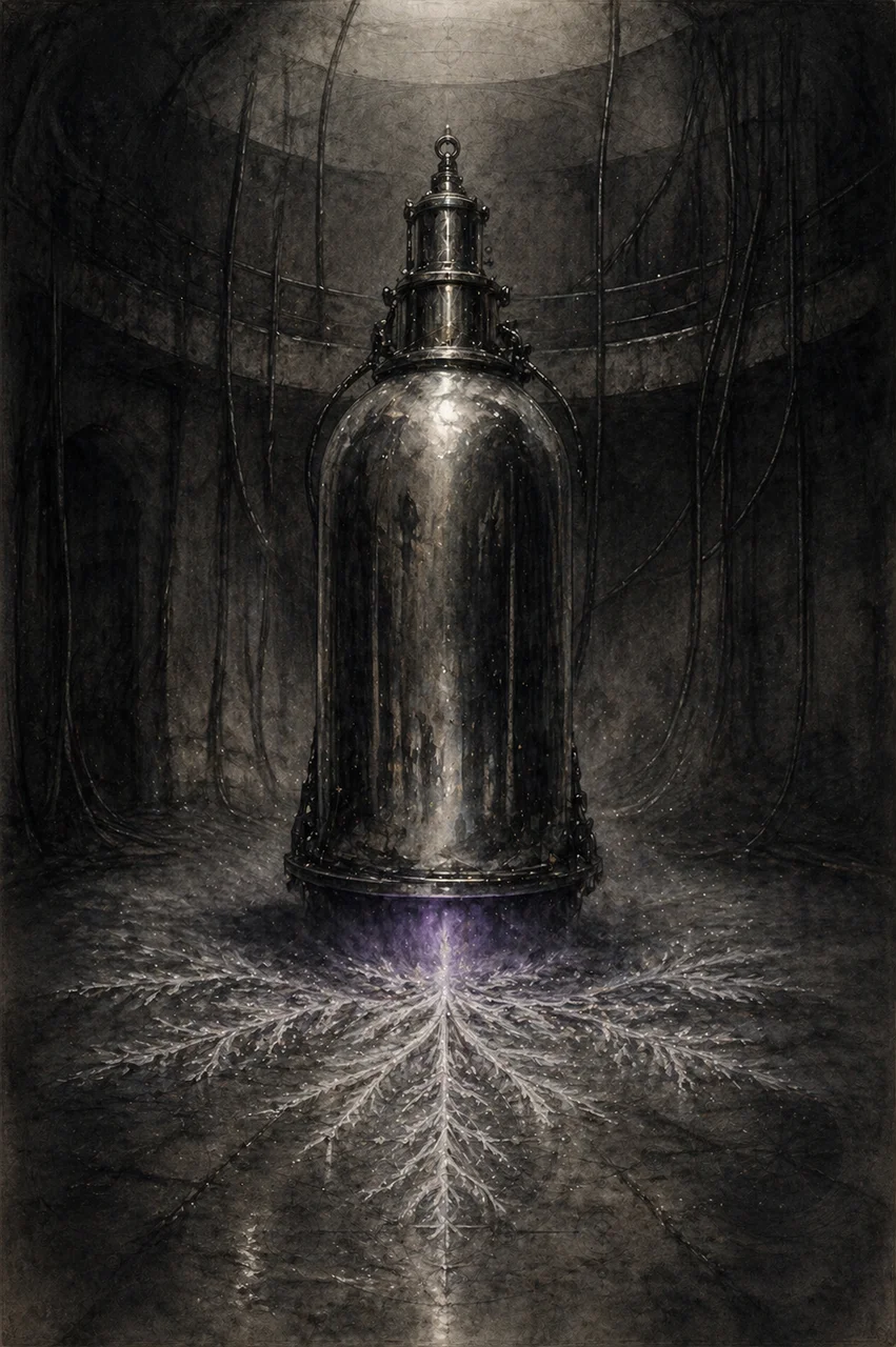 Bell-shaped chrome apparatus surrounded by frost crystals, symbolizing zero point energy experimentation at near absolute zero