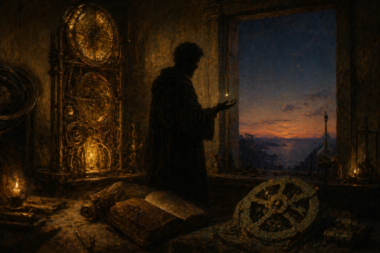 A robed figure stands before a glowing brass clockwork mechanism in a dim Mediterranean workshop, single grain of sand suspended in midair above his palm, oil-painting style with chiaroscuro lighting