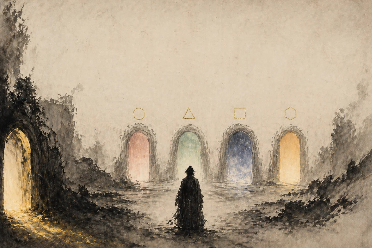 A figure in classical robes standing before four glowing doorways arranged in a row, each labeled with a different geometric symbol, while a fifth door behind him glows but unseen, sumi-e ink-wash style with delicate gold accents