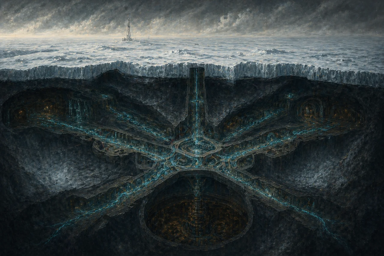 Cross-section view of a vast underground complex beneath an ice-covered island, glowing veins of light running through tunnels and chambers, painted in oil-on-canvas style