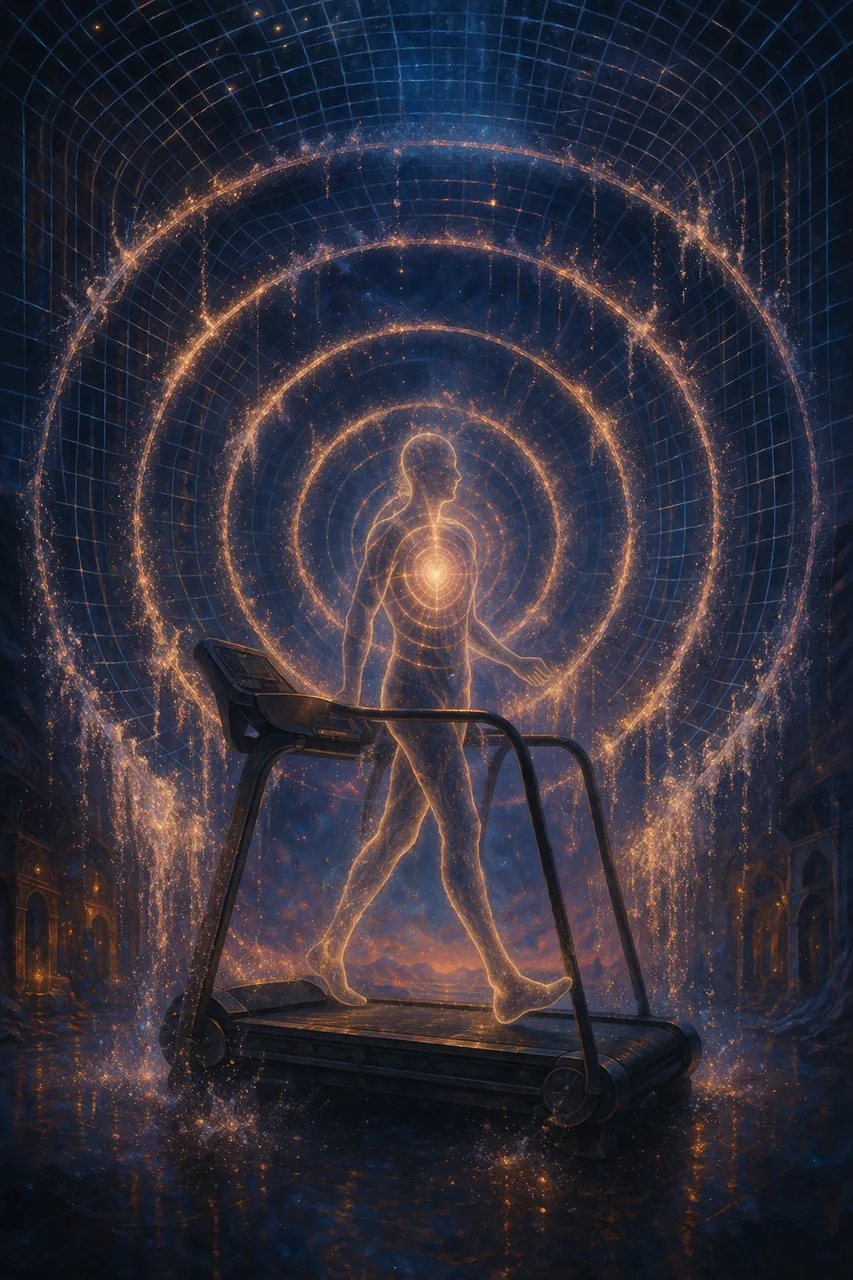 A figure on an exercise machine, calm-faced, with luminous concentric rings expanding from her chest while a dark grid pattern dissolves around her, painted in digital surrealism with cool blue tones