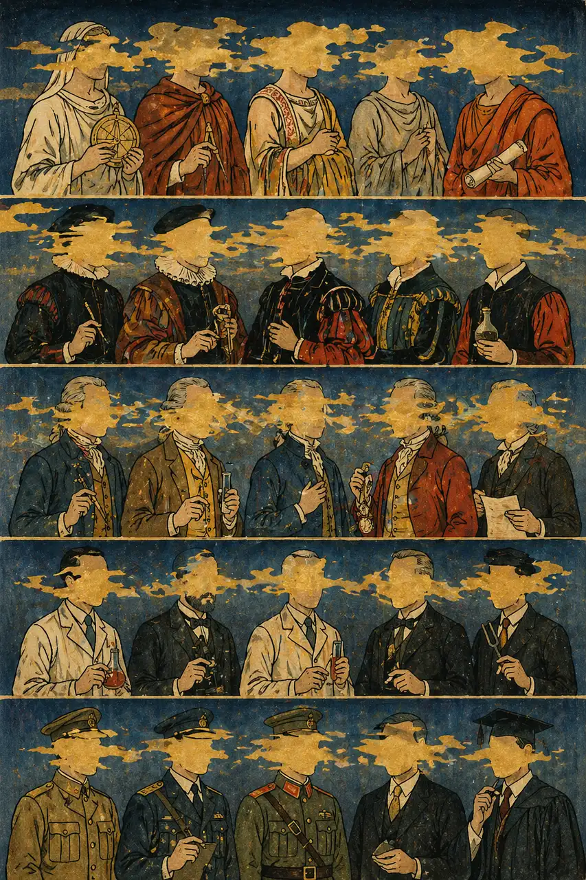 A long ukiyo-e style scroll showing rows of historical figures in their period clothing arranged like a wall of portraits, each face partially obscured by golden mist