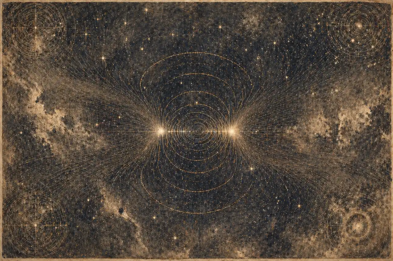 Two identical luminous particles approaching each other across a starfield, light bending and warping around them just before they touch, with concentric ripples beginning to form, etching-style line work in deep indigo and gold