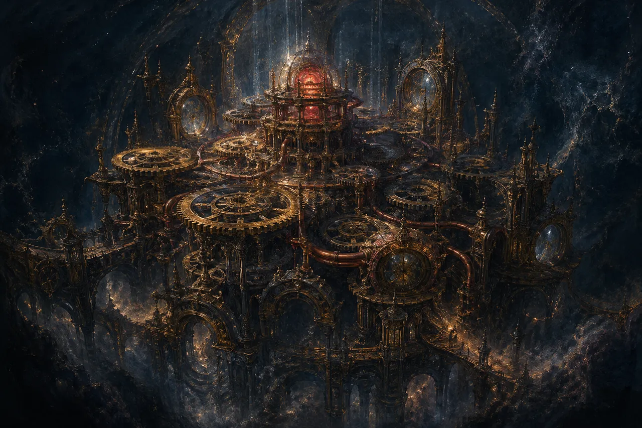 A vast cathedral-like apparatus of brass gears, copper pipes, and crystalline lenses suspended in deep cosmic darkness, with a faint reddish glow at its core