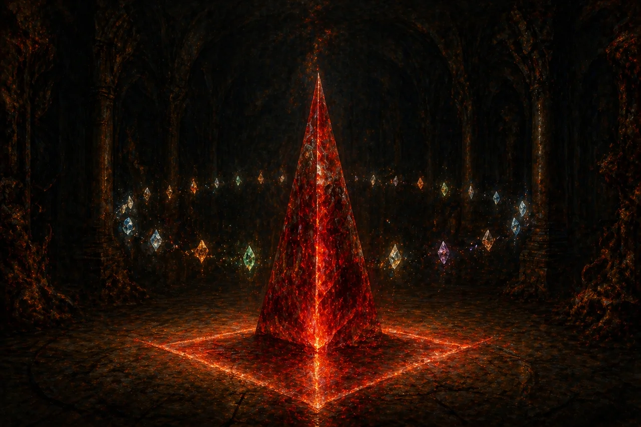 A glowing red triangular crystal at the center of a vast subterranean chamber, surrounded by a circular grid of suspended fragments of light, painted in baroque oil style with deep shadows and red-gold highlights