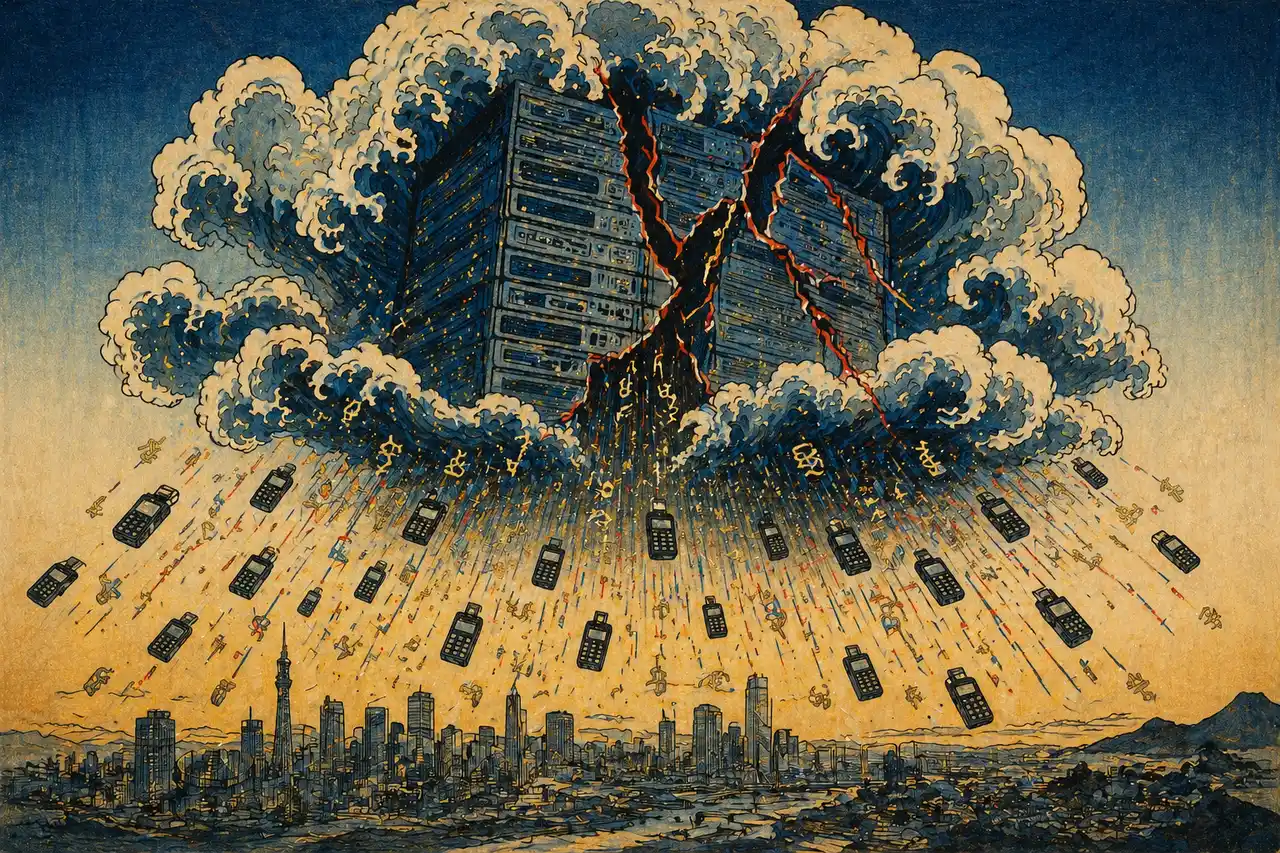 Ukiyo-e style illustration of a cloud-shaped server tower cracking apart, with broken transaction streams and disconnected payment terminals raining down