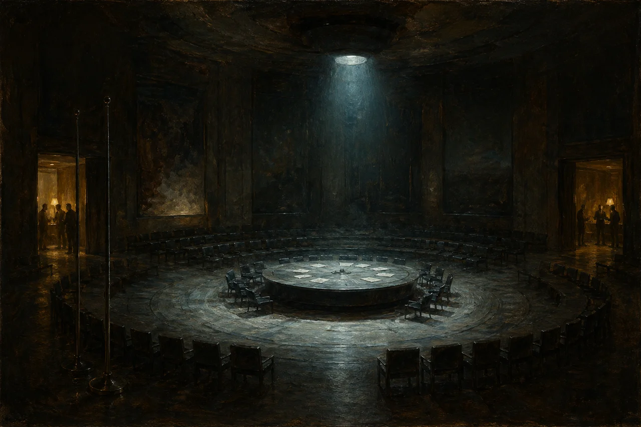 Conceptual image of Davos negotiations behind closed doors - empty conference hall with shadowy figures meeting in adjacent rooms before public sessions begin