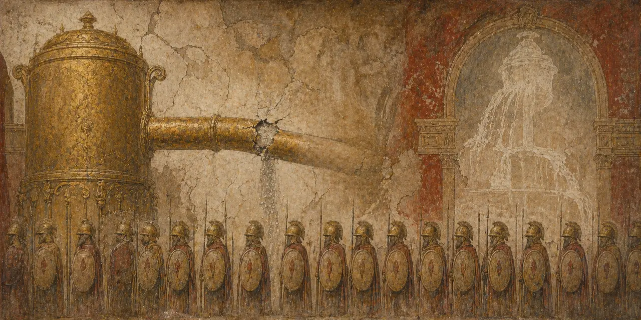 Fresco-style illustration of military supply lines severed at the source, gold pipes broken with no flow, soldiers waiting in formation for funds that will not arrive