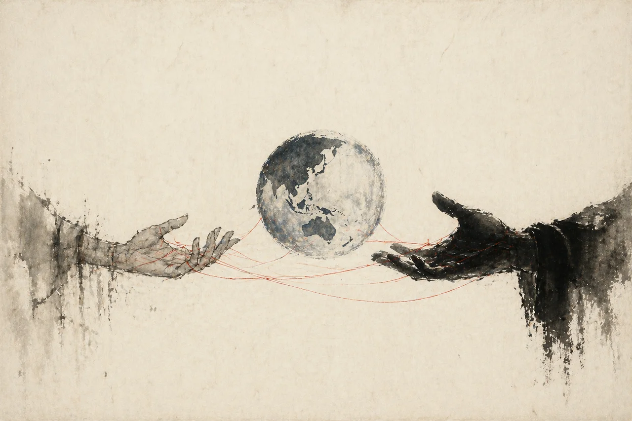 Sumi-e style ink illustration of a globe being passed between two hands, one weakening and one rising, with thin red threads still binding both together