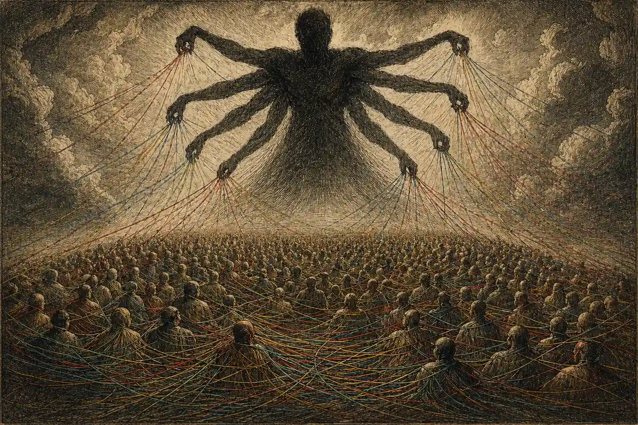 Etching-style illustration of a many-handed parasitic figure pulling threads of a crowd apart by color, by flag, by clothing - the threads themselves resisting and reweaving