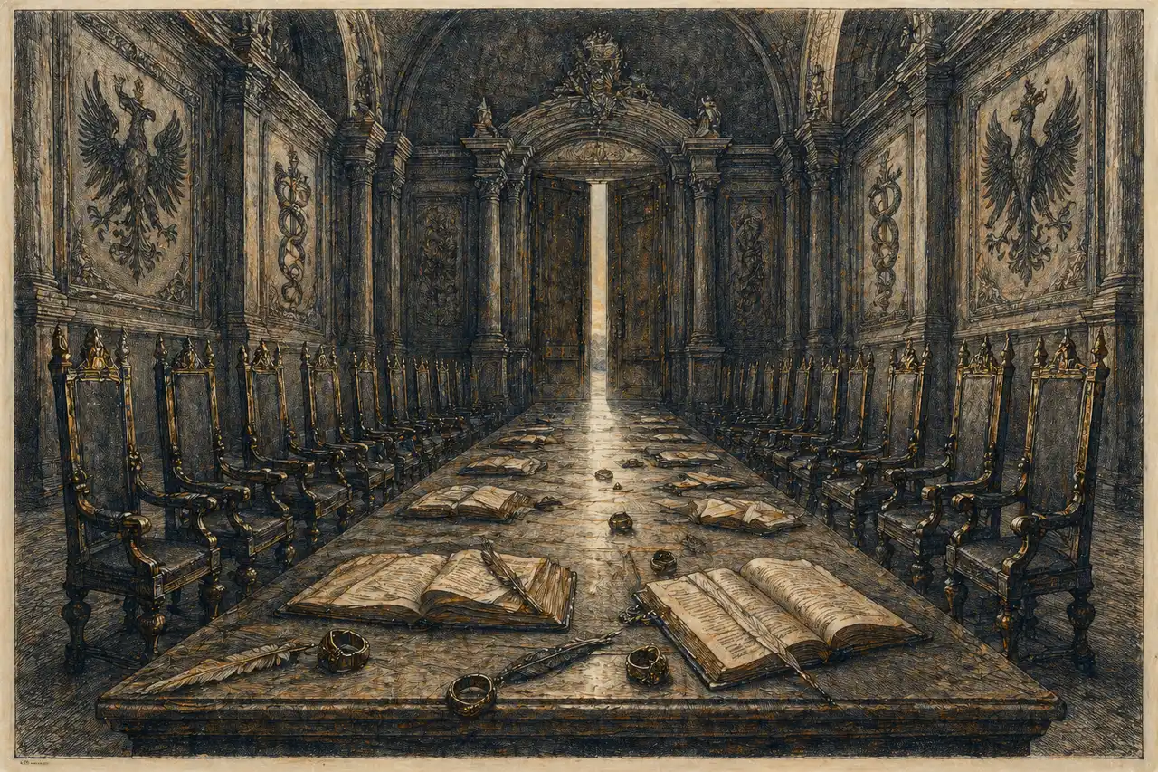 Etching-style illustration of empty thrones around a long banking table, ledgers abandoned, doors left ajar as the holders depart