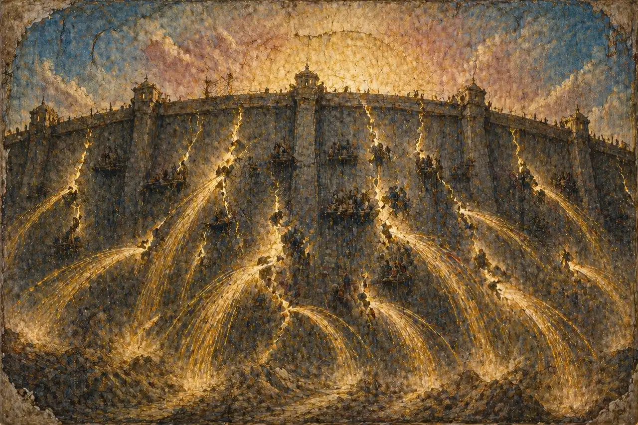 Fresco-style illustration of golden Source light leaking through fissures in a dark dam wall, with figures attempting to patch the cracks unable to keep up with the flow