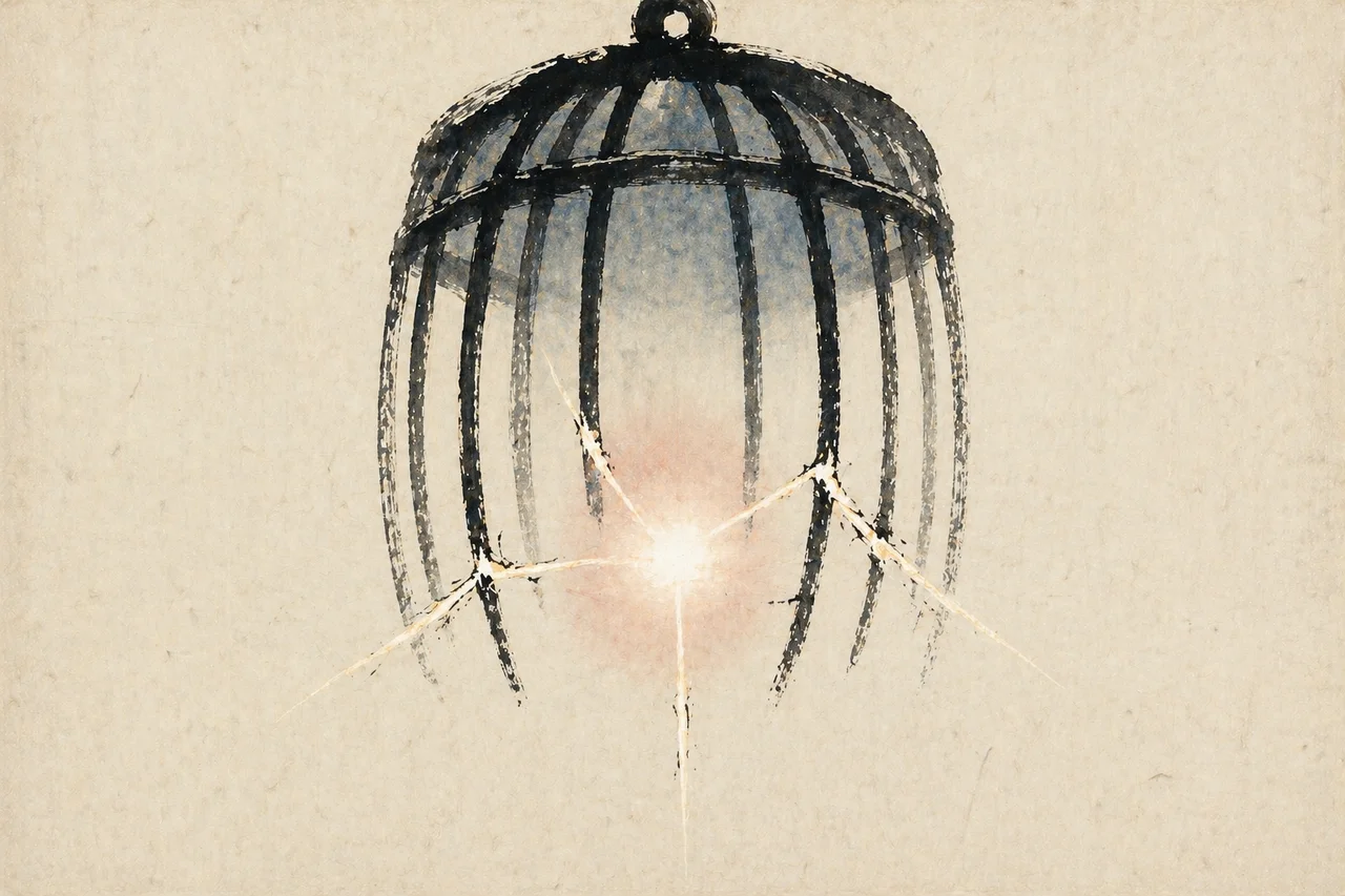 Sumi-e ink illustration of a single luminous spark held inside a dark inverted cage, with light leaking through cracks in the cage walls
