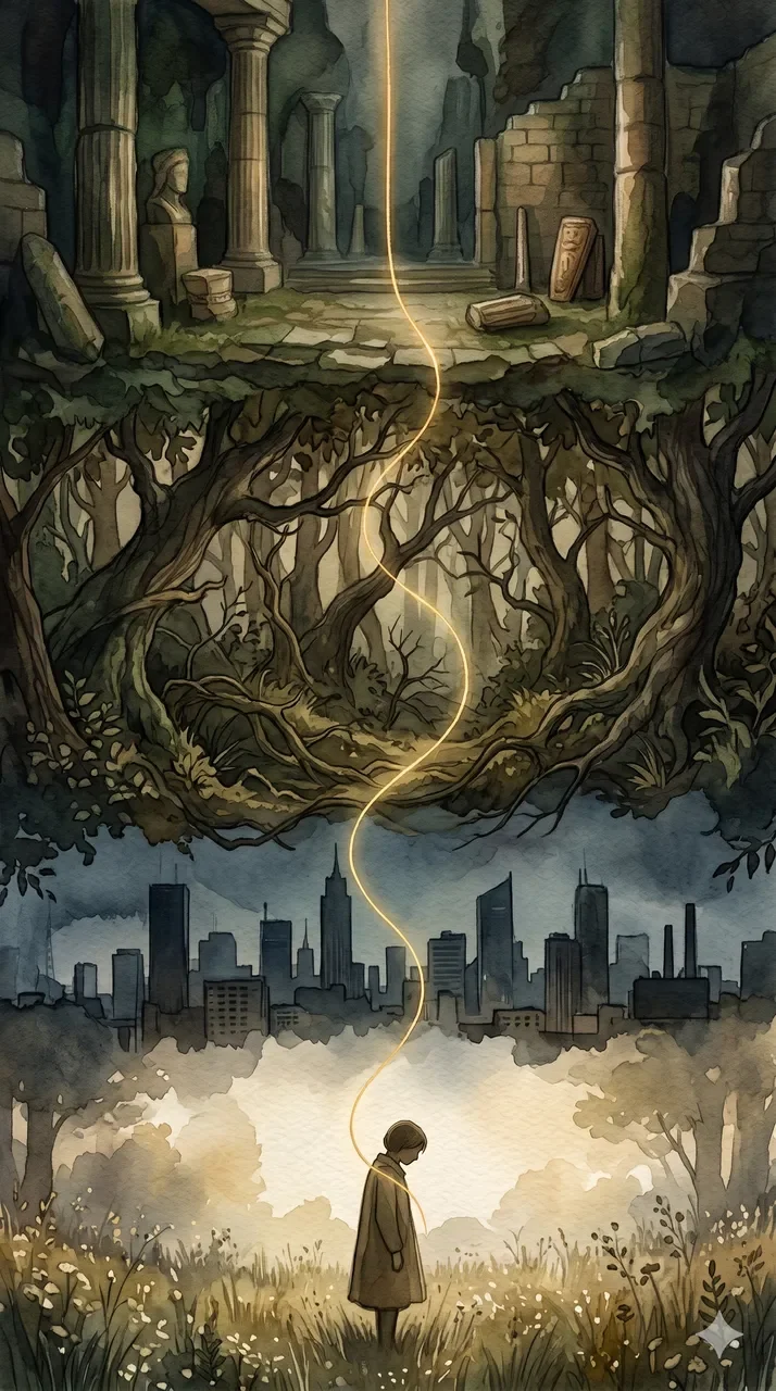 A single golden thread of light running unbroken from ancient ruins through medieval forests to a modern cityscape