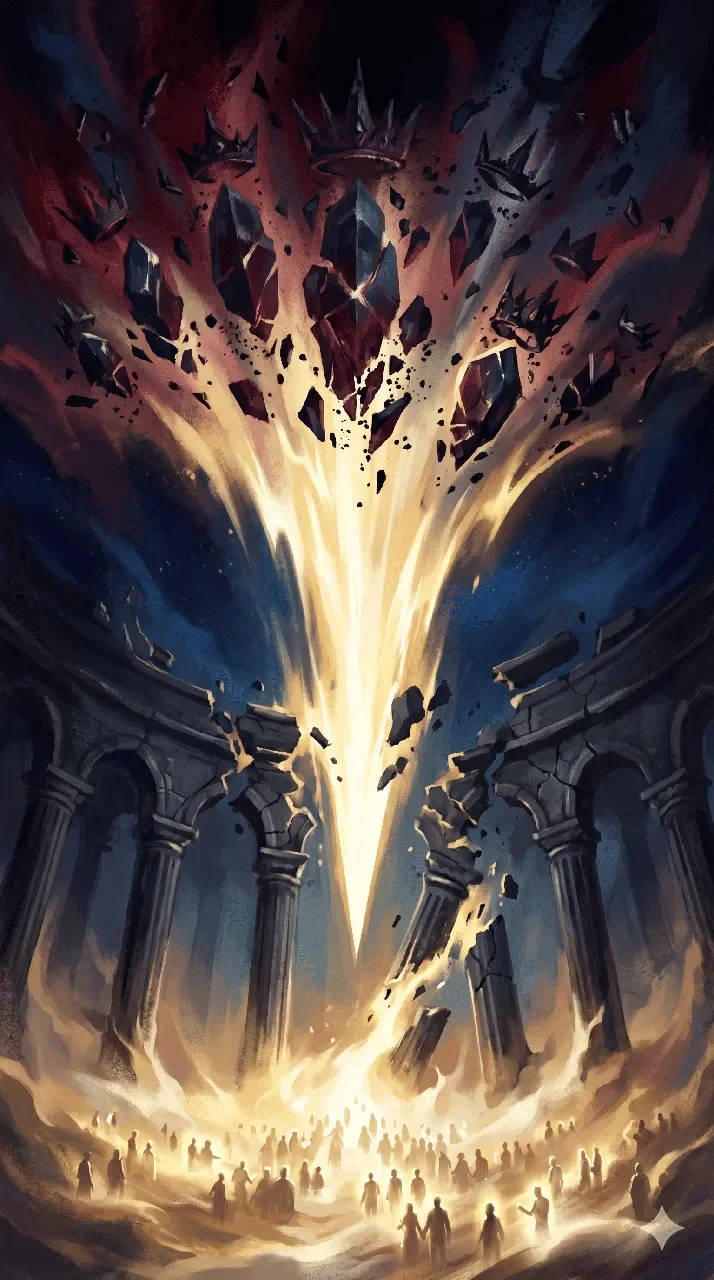 Conceptual image of the Quickening - golden light shattering downward from a disintegrating Progenitor, cascading through hierarchical layers to reach humanity