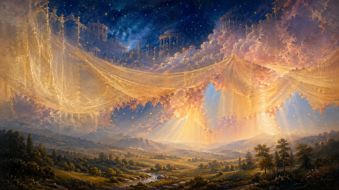 A symbolist allegorical painting of translucent golden veils suspended between earth and heaven beginning to dissolve into vapor, with warm light flooding through the dispersing fabric onto a quiet earthly landscape below