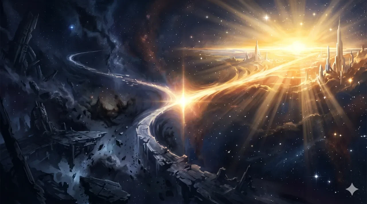 Two diverging timelines: one descending into darkness and collapse, the other opening into a golden dawn