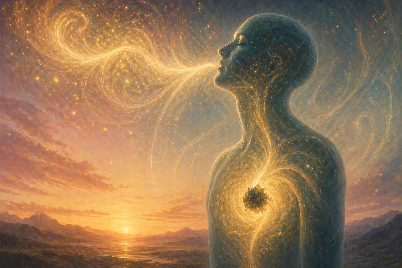 A human silhouette inhaling a stream of golden divine sparks that surround a small dark cluster inside the chest, the cluster compressing as the light closes in