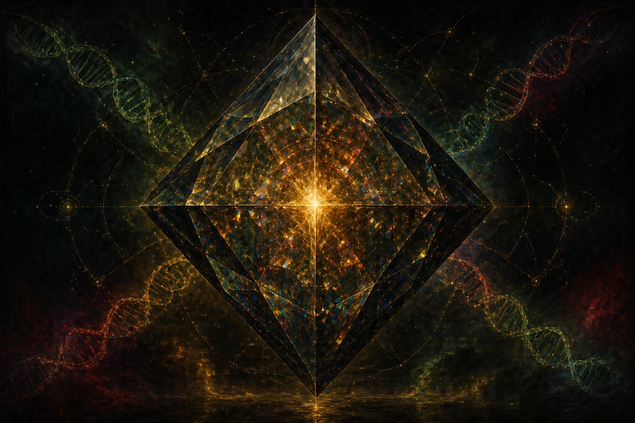 A faceted diamond holding a single point of bright fire at its center, with reflections multiplying inside but no light escaping outward