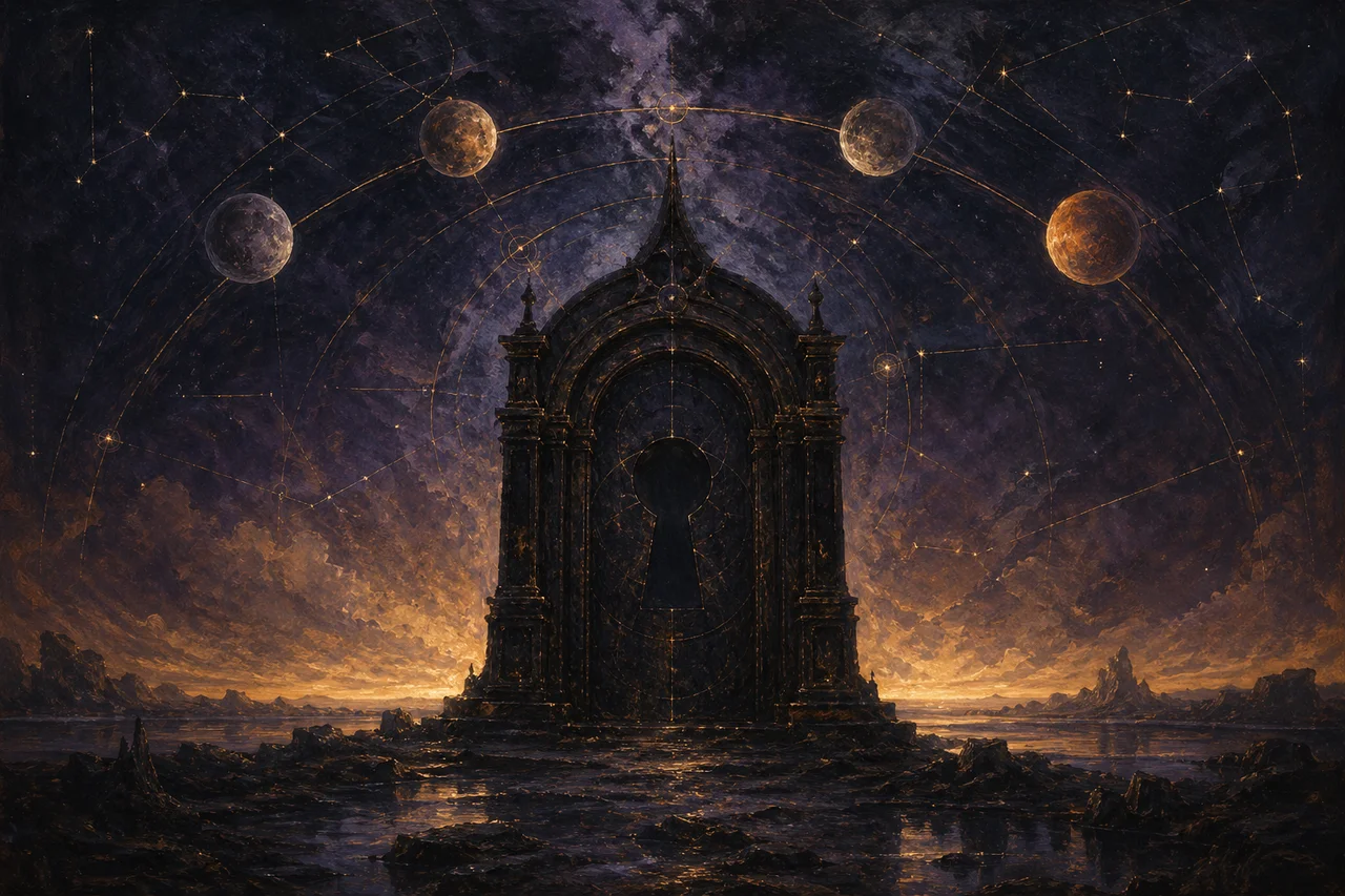 Stylized celestial alignment showing a closed gate against a fading equinox arc, with the predicted opening point dark and unlit